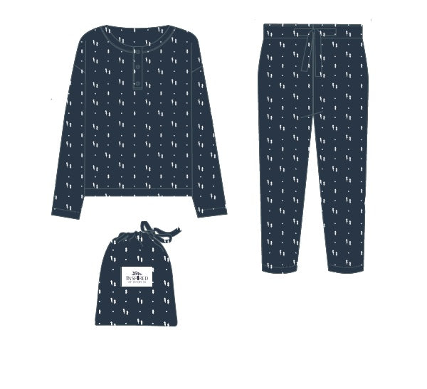 Navy blue pajama set with white pattern on a white background